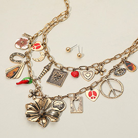 Boho Flower Peace Horseshoe Evil Eye Chili Pepper Heart Charm Station Layered Necklace