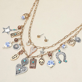 2PCS - Western Turquoise Heart Horseshoe Pearl Heart Star Peace Charm Station Necklaces