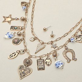 2PCS - Western Turquoise Heart Horseshoe Pearl Heart Star Peace Charm Station Necklaces