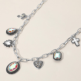 Antique Metal Oval Teardrop Rectangle Stone Cluster Metal Heart Cross Charm Station Necklace