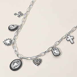 Antique Metal Oval Teardrop Rectangle Stone Cluster Metal Heart Cross Charm Station Necklace