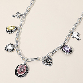 Antique Metal Oval Teardrop Rectangle Stone Cluster Metal Heart Cross Charm Station Necklace