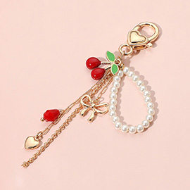Enamel Cherry Metal Bow Heart Charm Drop Pearl Beaded Keychain / Bag Charm
