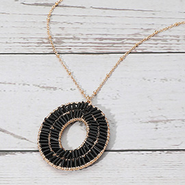 Cylinder Beaded Oval Ring Pendant Long Necklace