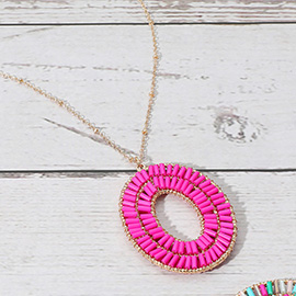 Cylinder Beaded Oval Ring Pendant Long Necklace