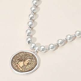 Worn Metal Roman Caesar Medal Pendant Beaded Necklace