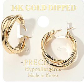 14K Gold Dipped Hypoallergenic Crisscross Pin Catch Hoop Earrings