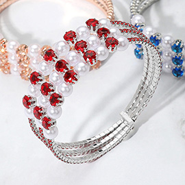 Pearl Stone Bezel Point Rhinestone Paved Split Adjustable Evening Bracelet