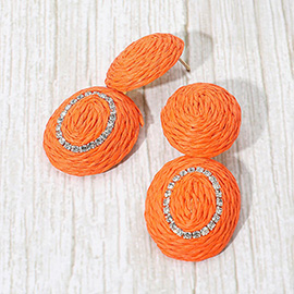 Rhinestone Accent Raffia Wrapped Oval Dangle Earrings