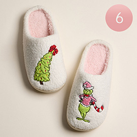6Pairs - Green Monster Christmas Tree Embroidery Point Cozy Indoor Slippers