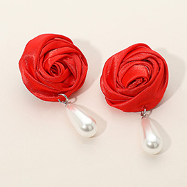 Teardrop Pearl Dangle Satin Rose Earrings