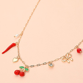 Cherry Chili Pearl Metal Heart Bow Charm Station Paperclip Chain Necklace