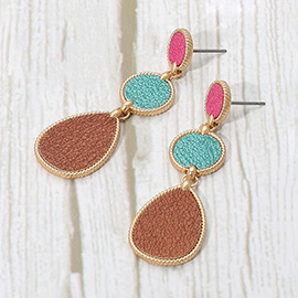 Faux Leather Metal Abstract Plate Link Dangle Earrings