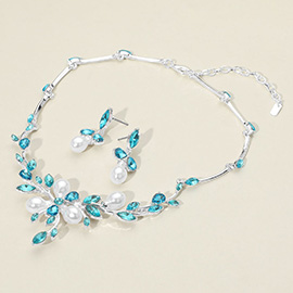 Marquise Stone Cluster Pearl Embellished Leaf Branch Necklace