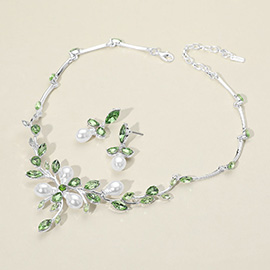 Marquise Stone Cluster Pearl Embellished Leaf Branch Necklace