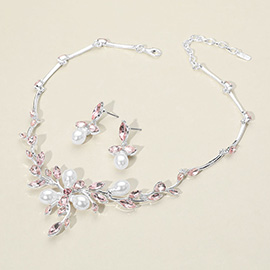 Marquise Stone Cluster Pearl Embellished Leaf Branch Necklace