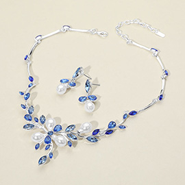 Marquise Stone Cluster Pearl Embellished Leaf Branch Necklace