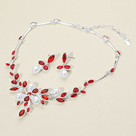 Marquise Stone Cluster Pearl Embellished Leaf Branch Necklace