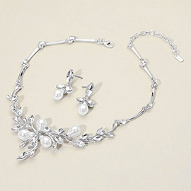 Marquise Stone Cluster Pearl Embellished Leaf Branch Necklace