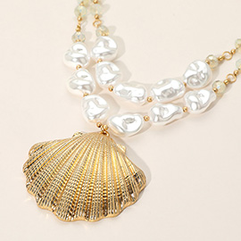 Textured Metal Seashell Pendant Pearl Beaded Statement Necklace