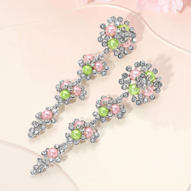 Floral Pearl Rhinestone Cluster Drop Earrings