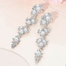 Floral Pearl Rhinestone Cluster Drop Earrings