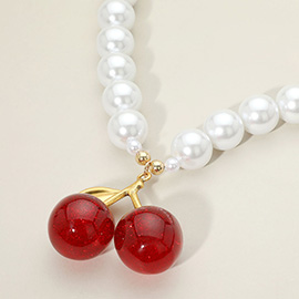 Glittered Cherry Pendant Chunky Pearl Necklace