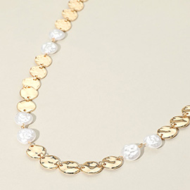 Faux Pearl Hammered Metal Disc Link Necklace