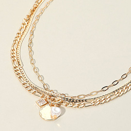 Pearl Metal Coin Charm Multi Layered Necklace