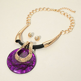 Geometric Textured Open Teardrop Resin Disc Pendant Statement Necklace