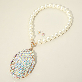 Oversized Crystal Rhinestone Paved Oval Pendant Chunky Pearl Necklace