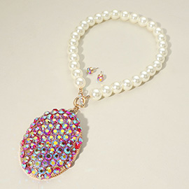 Oversized Crystal Rhinestone Paved Oval Pendant Chunky Pearl Necklace