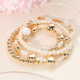 4PCS - Pearl Disc Metal Ball Beaded Stretch Multi Layered Bracelets
