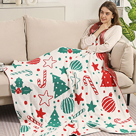 Christmas Tree Candy Cane Star Patterned Reversible Throw Blanket
