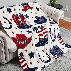 Western American Cowboy Boots Hat Horseshoe Star Patterned Reversible Throw Blanket