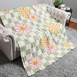 Checkered Floral Patterned Reversible Throw Blanket