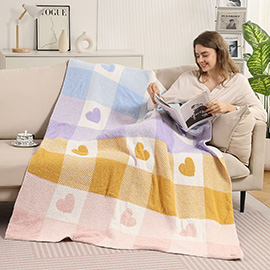 Heart Checkered Patterned Reversible Throw Blanket