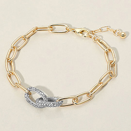 Stone Paved Link Accent Paperclip Chain Bracelet