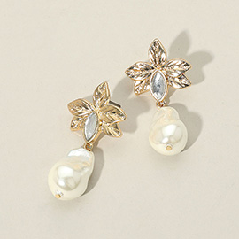 Floral Leaf Pearl Drop Dangle Earrings