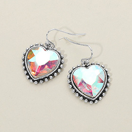 Iridescent Faceted Heart Stone Cluster Dangle Earrings
