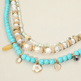 Boho Flower Mother of Pearl Natural Stone Charm Wood Beaded Multi Layered Strand Necklace