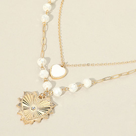 Textured Metal Heart Pendant Accent Beaded Layered Necklace