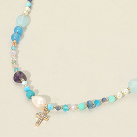 Stone Paved Mini Cross Pendant Multi Beaded Necklace
