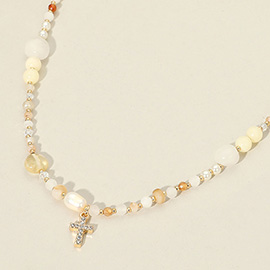 Stone Paved Mini Cross Pendant Multi Beaded Necklace