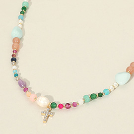 Stone Paved Mini Cross Pendant Multi Beaded Necklace