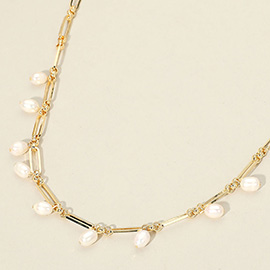 Pearl Drop Charm Station Paperclip Chain Necklace