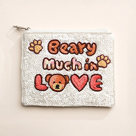 BEARY MUCH IN LOVE Message Sequin Seed Beaded Mini Pouch Bag