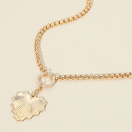 Rhinestone Paved Circle Accent Textured Metal Heart Pendant Necklace