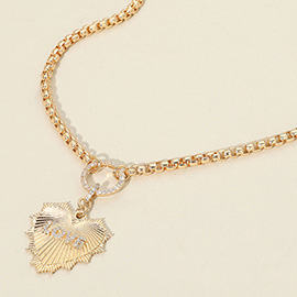 Rhinestone Paved Circle LOVE Message Accent Textured Metal Heart Pendant Necklace