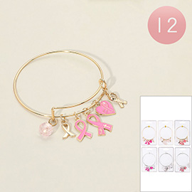12PCS - Enamel Pin Ribbon Heart Stone Charm Bangle Bracelets